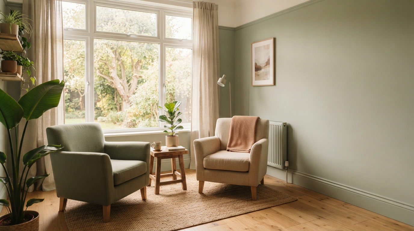 A calm, softly lit counselling room with two armchairs beside a garden window